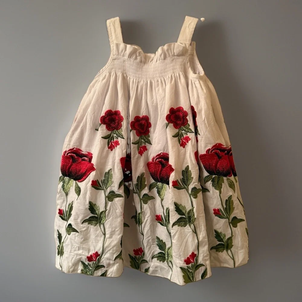 Edgehill Collection Toddler Girls White Embroidered Red Rose Dress Size 24M